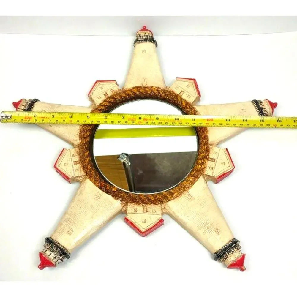 Vintage Al Pisano Nautical Carved Roped Hole Star Mirror Lighthouses Wall Decor